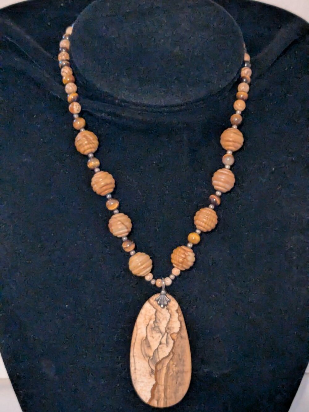 Picture Jasper Pendant Tiger Eye Beaded 925 Sterling Silver Clasp Necklace